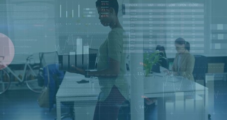 Holding woman wearing fitted top presenting laptop in open office, bicycle on left, data overlays