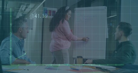 Presenting woman wearing pink sweater writing on flip chart in meeting room, overlay showing 141