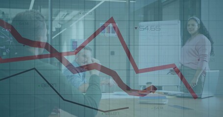 Presenting woman in pink top guiding team at whiteboard in meeting room, laptop, red trend overlay