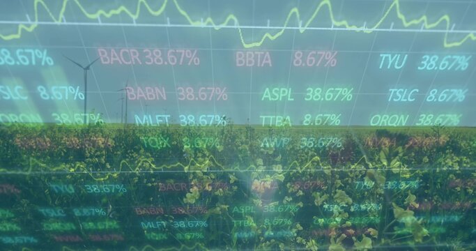 Displaying flower field in rural farmland and wind turbines merging with stock tickers and graphs - Powered by Adobe