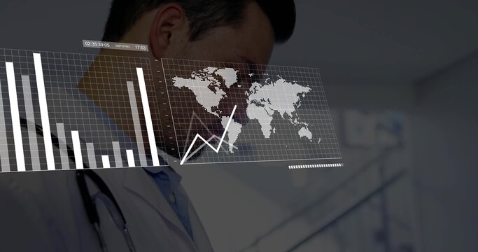 Studying physician in white coat and stethoscope examining translucent data overlay in clinic
