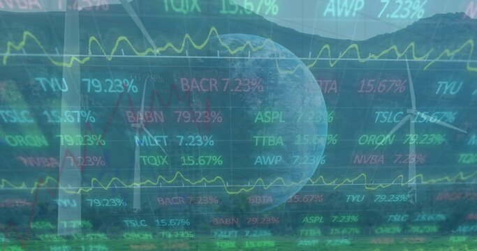 Overlaying market tickers and percentages covering mountain ridge at dusk, with yellow line graph - Powered by Adobe