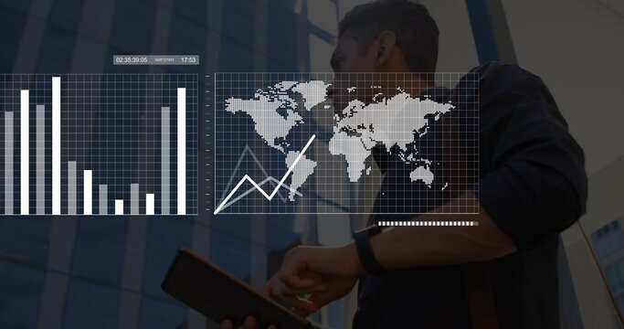 Using tablet pro in dark shirt with strap by glass facade, smartwatch, data overlays, copy space - Powered by Adobe