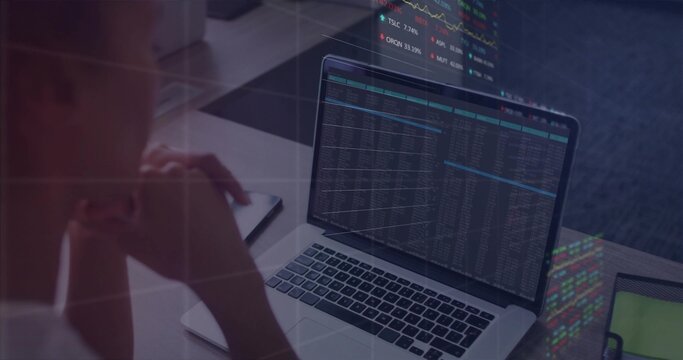 Leaning woman in light top viewing laptop data at office, with chart glare, tablet, copy space