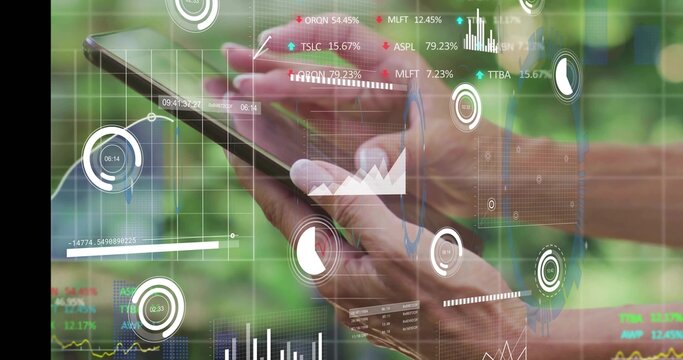 Tapping woman in short sleeves, scrolling with hands on tablet at garden with charts and gauges
