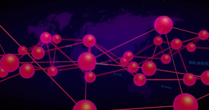 Animating network of glossy magenta spheres pulsing across virtual space, with neon red lines