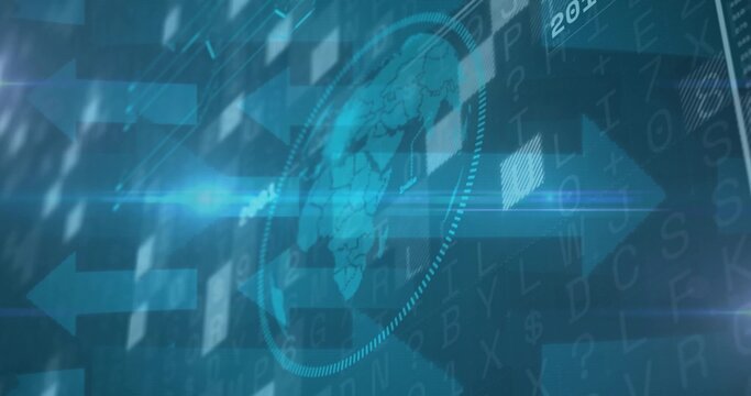 Animating transparent globe rotating within dotted HUD on broadcast UI, with arrows and text grid