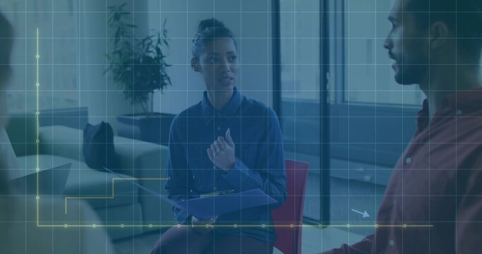 Pointing woman wearing denim shirt holding blue folder on red chair, discussing amid HUD overlay