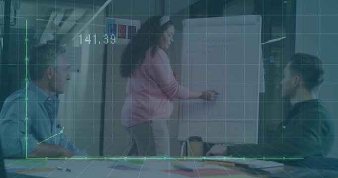 Presenting woman wearing pink sweater writing on flip chart in meeting room, overlay showing 141