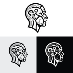 Human head gears tech logo, Cogwheel engineering technological design illustration