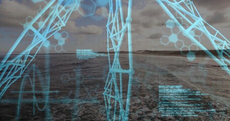 Displaying ocean wake moving toward right coastline at sea, showing cyan wireframe and hexagons © vectorfusionart