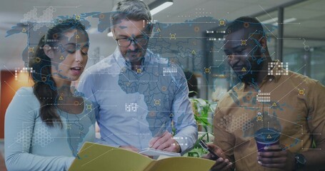 Reviewing three-person team in blue pointing at notebook in office, holding yellow folder, overlay