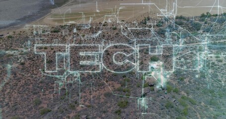 Projecting holographic graphic reading TECH! over arid scrubland from drone, showing circuit nodes