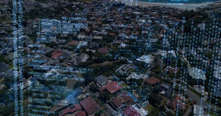 Showing high-altitude coastal neighborhood, displaying detached houses, parked cars, code overlay