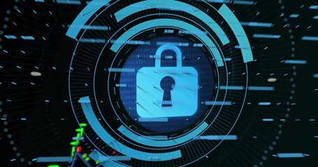 Displaying central padlock icon glowing and scanning virtual interface, with HUD rings binary code