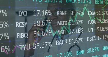 Holding phone doctor in lab coat with stethoscope tracking ticker percent in clinic, colored lines