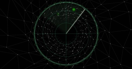 Obraz premium Scanning circular radar display emitting rotating neon sweep on virtual HUD, showing pulsing blip