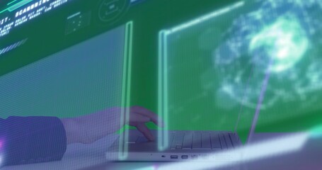 Typing mid-adult hand in dark jacket using silver laptop at workstation, with holographic globe UI