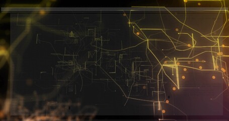 Showing digital panel featuring gold network and orange nodes on dark canvas, with grid codes
