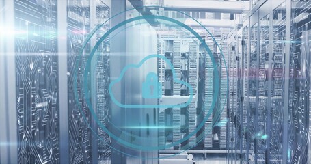 Displaying blue cloud security overlay with padlock hovering over datacenter aisle, with racks