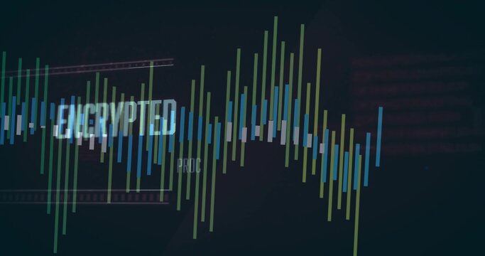 Displaying waveform bars pulsing on digital dashboard, showing ENCRYPTED label and UI grid - Powered by Adobe