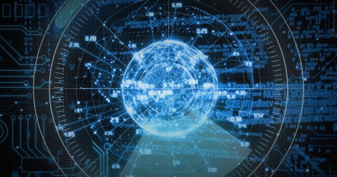 Rotating glowing blue holographic sphere centered within cyber interface, with HUD rings and nodes