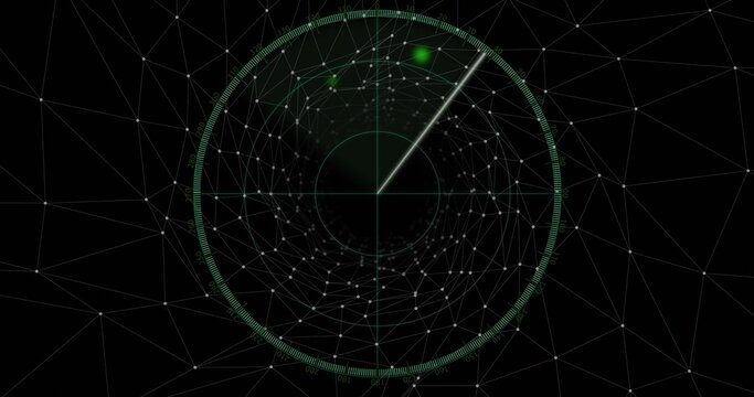 Naklejki Scanning circular radar display emitting rotating neon sweep on virtual HUD, showing pulsing blip