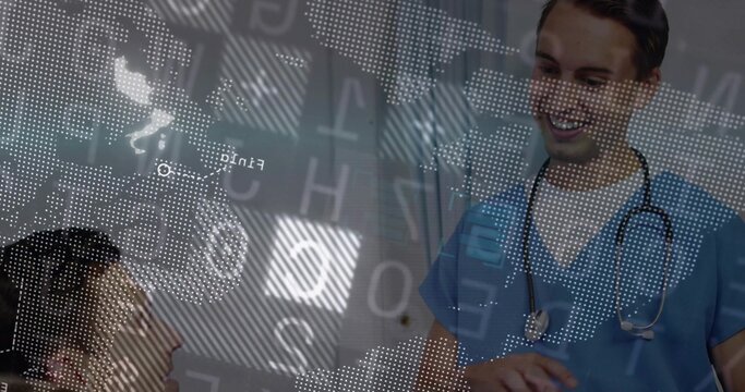 Leaning Dr blue-scrubs stethoscope talking to patient on pillow in ward, world-map HUD, copy space