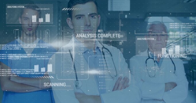 Standing three hospital staff wearing white lab coats and blue scrubs, showing stethoscopes and HUD - Powered by Adobe