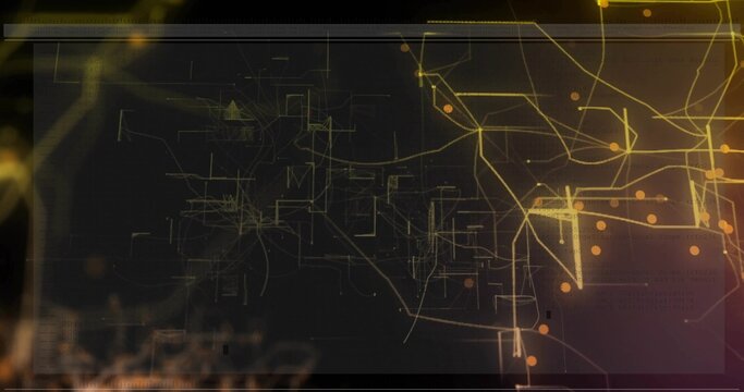 Showing digital panel featuring gold network and orange nodes on dark canvas, with grid codes