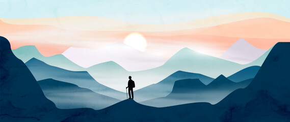 Landscape art background with peaks, mountains, and the silhouette of a person or hiker at sunset or sunrise. A nature banner with a person climbing mountains for prints, posters, packaging, design.