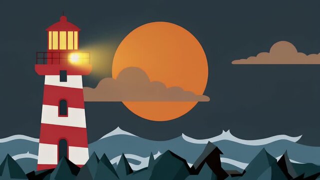 Flat design animation of red lighthouse on rocky coast with big orange sun and rough sea waves.