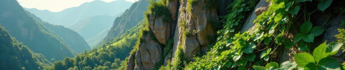 Lush green vines climbing a rocky hillside, creating a vibrant tapestry against the dramatic landscape  Sunlight filters through the leaves, casting dappled shadows ,  shadows,  countryside,  growth
