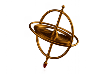 Golden gyroscope spinning showing physics and balance on transparent background