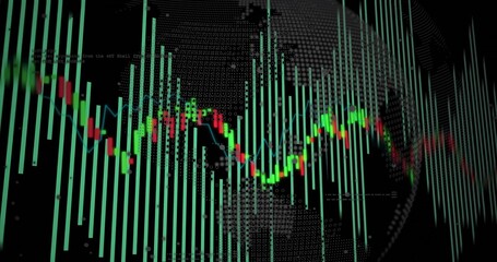 Displaying neon candlestick and teal bar charts on virtual trading dashboard, showing dotted globe
