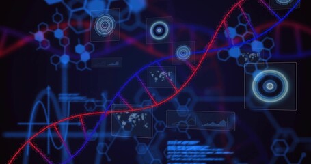 Displaying DNA double helix running diagonally on data display, showing HUD panels, radar, waveform