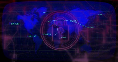 Displaying central padlock icon pulsing over global map grid, with glowing nodes and trajectories