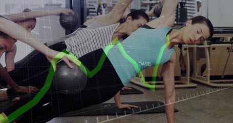 Balancing women doing side-plank on mats in gym, in leggings, holding medicine ball, green overlay
