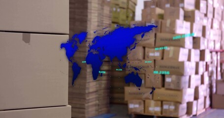 Showing blue holo map in warehouse displaying numeric labels, labeled boxes, pallets with tape