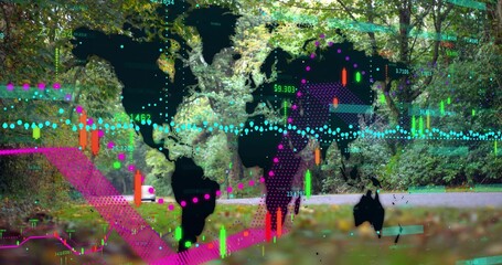 Displaying transparent world map silhouette spanning wooded path, showing neon charts with bollard