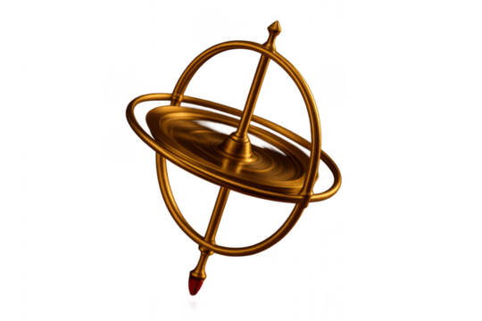 Golden gyroscope spinning showing physics and balance on transparent background