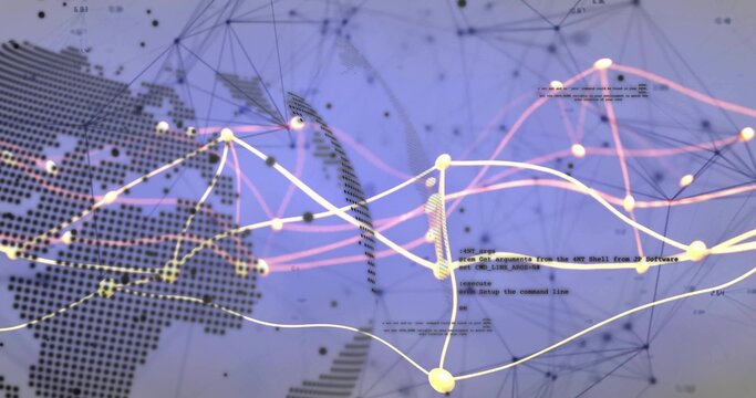 Showing virtual global network projecting glowing nodes with curved lines, halftone map and code