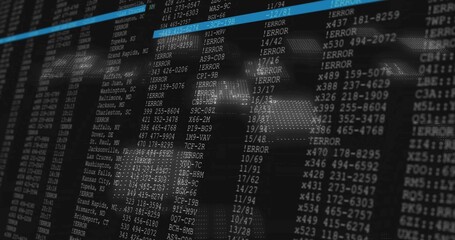 Displaying monitor showing code columns at control room, ERROR entries, blue row, dotted globe