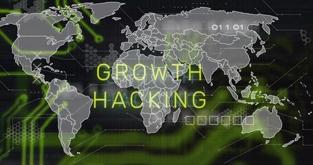 Obraz premium Displaying wide world map graphic centered on dashboard, featuring neon yellow GROWTH HACKING