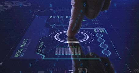 Pressing male finger activating target ring on hologram display at lab, with DNA helix