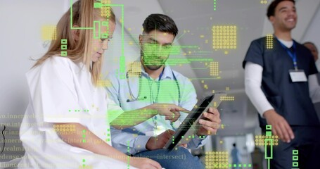 Showing clinician in shirt and stethoscope pointing tablet in clinic corridor, HUD overlay