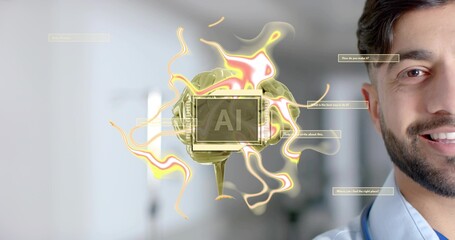 Viewing blue-shirt doctor studying AI brain hologram at clinic corridor stethoscope, copy space