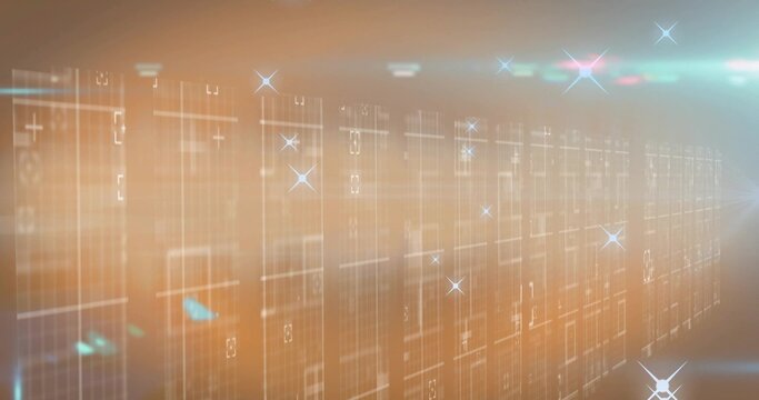 Glowing data panels flowing into receding digital corridor, showing gridlines, streaks and flares