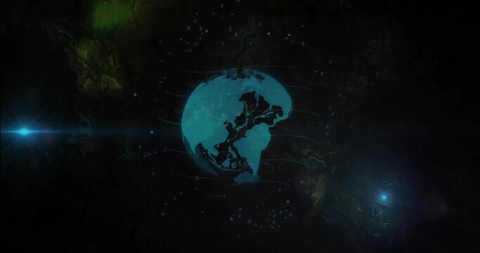 Naklejki Rotating cyan or teal holographic globe showing scanlines, orbital trails and lens flares in dark vo