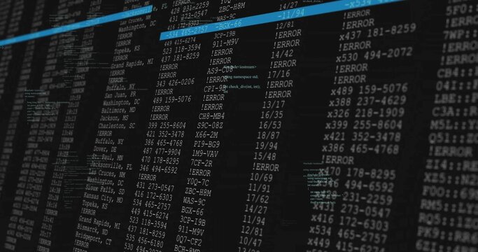 Displaying monitor showing monospaced text columns in server room, highlighting cyan bar and ERRORs